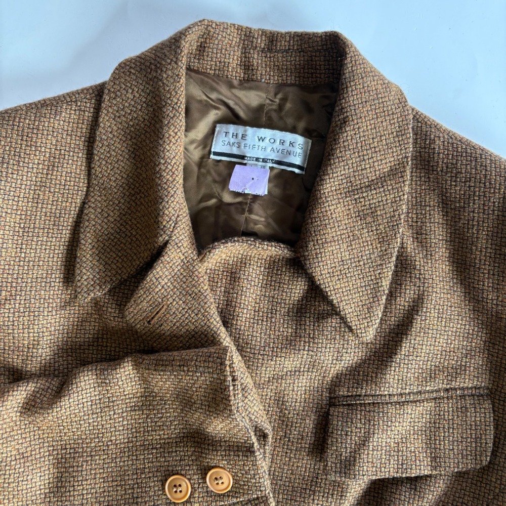 The Works Saks 5th Ave US 14 Tweed Blazer Wool Blend Brown Made in Italy Vintage